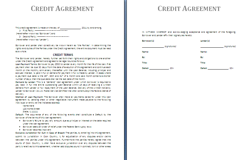 Credit Agreement Template Free Agreement Templates