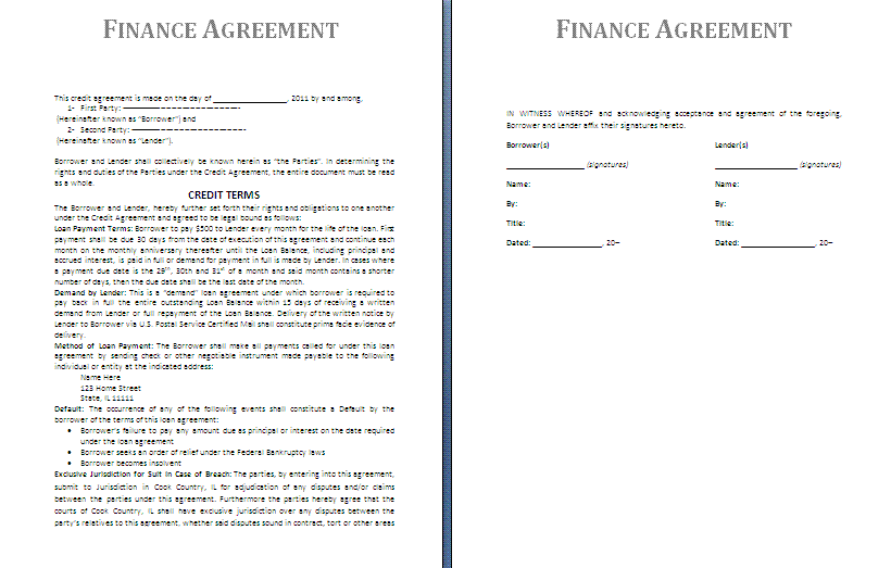Finance Agreement Template Free Agreement Templates