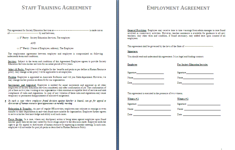 Staff Training Agreement Template