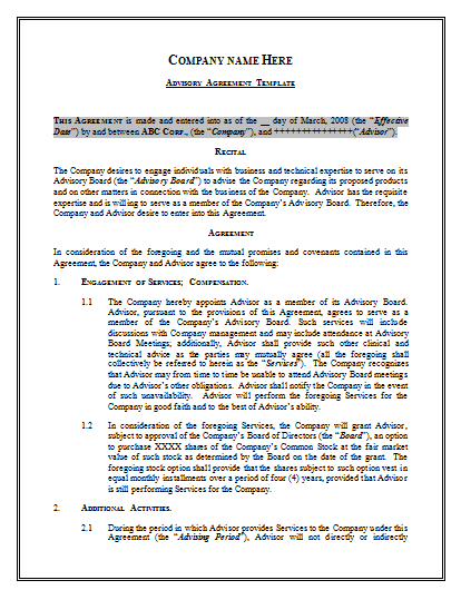 Advisory Agreement Template