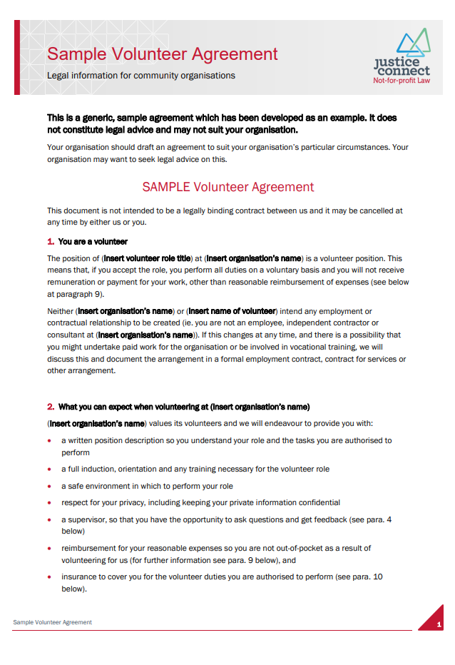 Volunteer Agreement Format