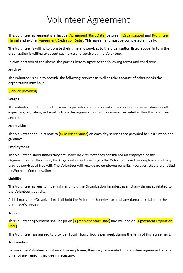Volunteer Agreement Sample