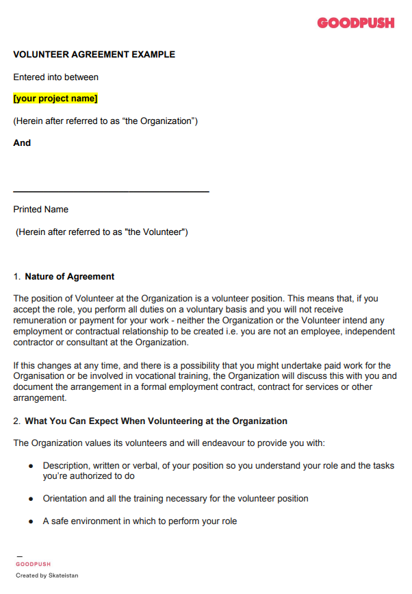 Volunteer Agreement Example