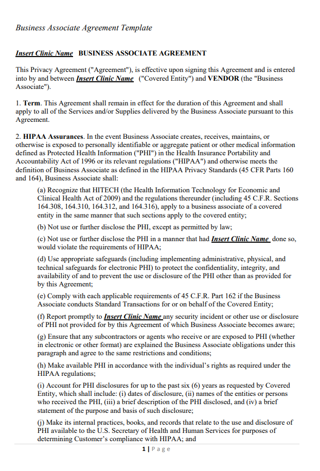 Free Business Associated Agreement Template