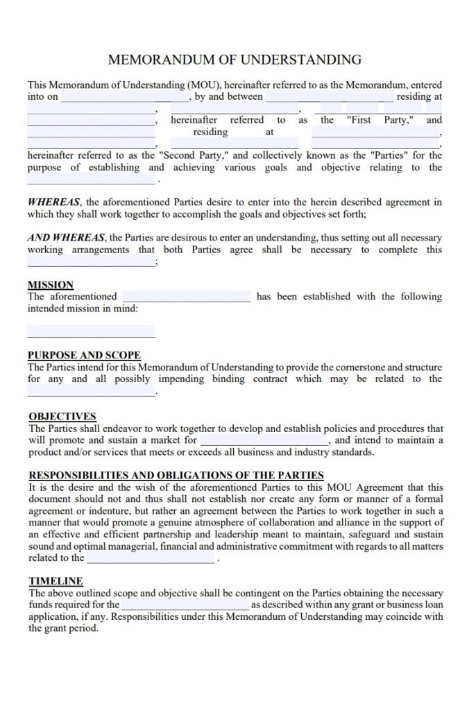 Memorandum of Understanding Agreement Format