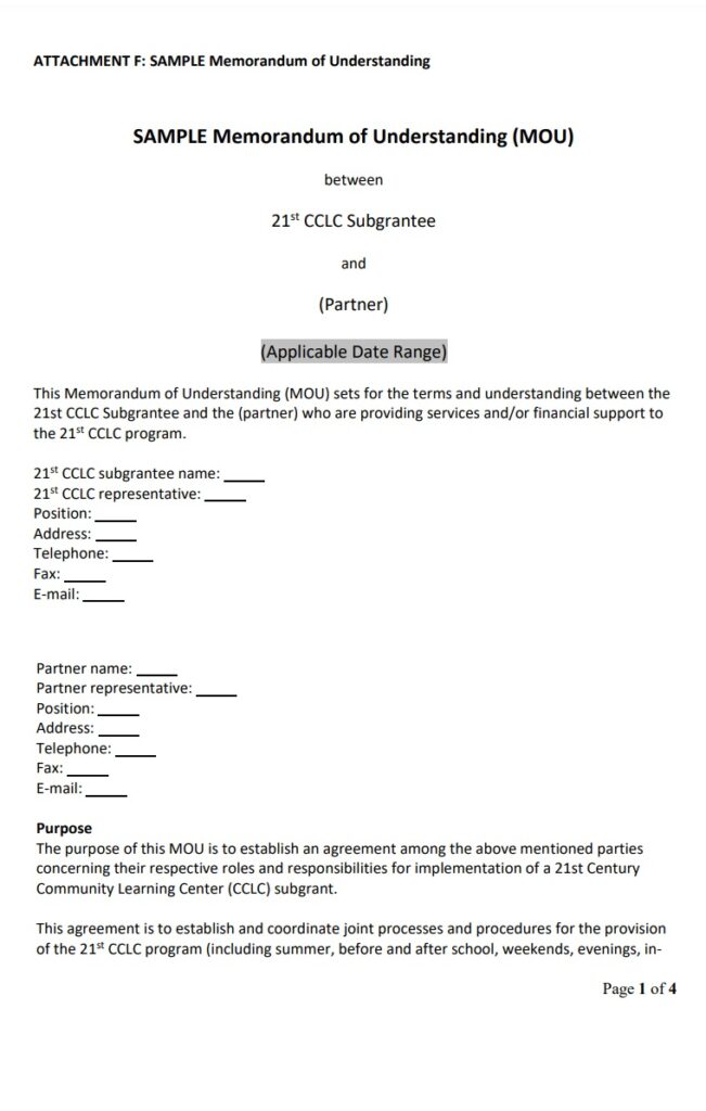 Memorandum of Understanding Agreement Template