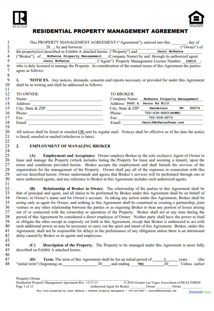 Residential Property Management Agreement Template