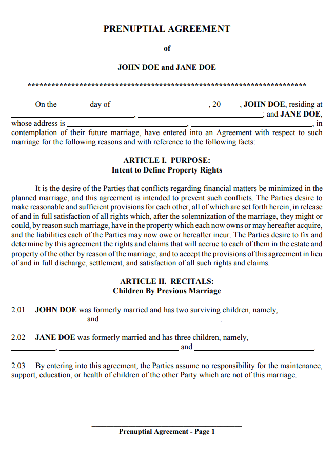 Prenuptial Agreement Format